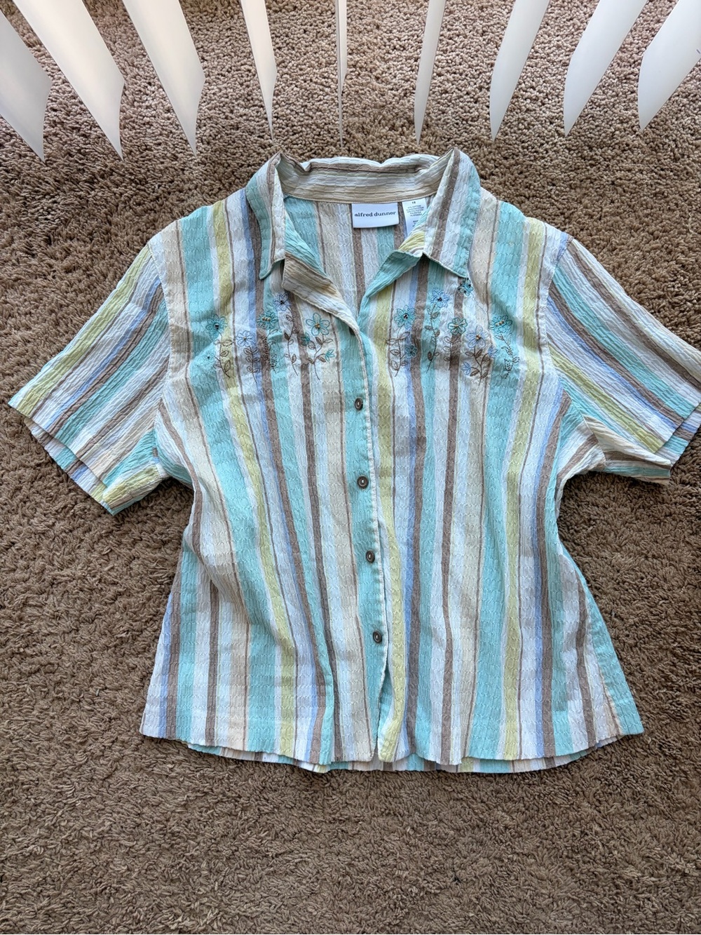 Alfred Dunner Striped Button-Down Shirt in Aqua, Tan, White